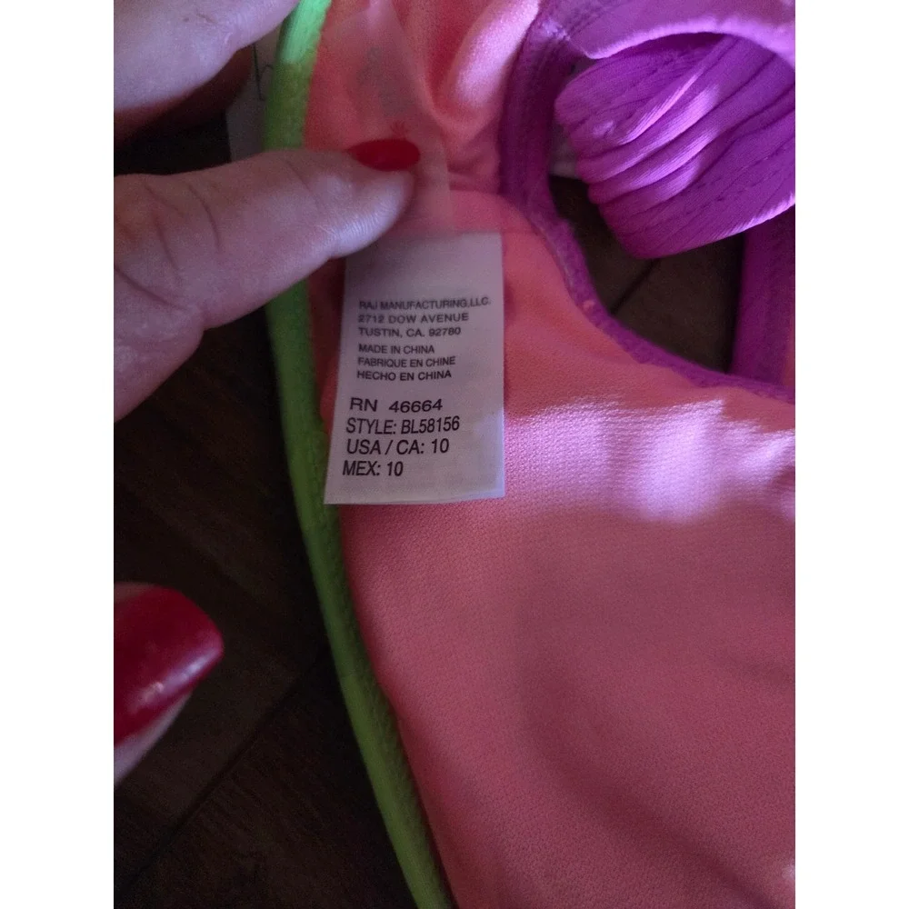 Beach Lingo Girls Purple Ribbed Bikini Set Neon‎ Green Orange Trim Size 10 NEW